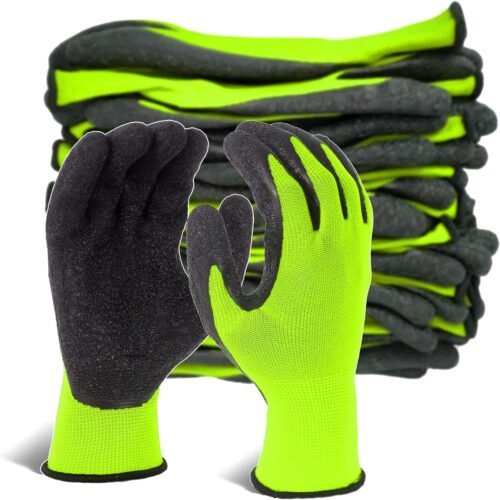 Crinkle Latex Rubber Coated Safety Work Gloves for Men and Women, Bulk Pack of 12 Pairs for Gardening and Construction