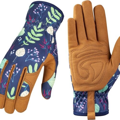 Breathable Leather Garden Gloves with Padded Palm, Flexible Fit and Elastic Wrist for Weeding, Digging and Planting