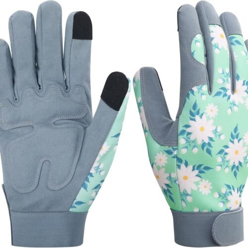 Thorn Proof Garden Gloves for Women with Leather Palm, Breathable Back and Touchscreen Compatibility, Floral Printed