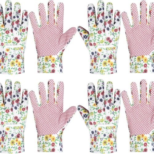Cotton Soft Jersey Garden Gloves for Women with PVC Dots, Floral Design, Ideal Gardener Gifts, 4 Pairs