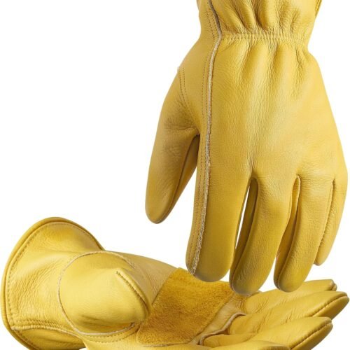 Reinforced Durable Cowhide Leather Gardening Work Gloves for Men and Women, Puncture and Cut Resistant
